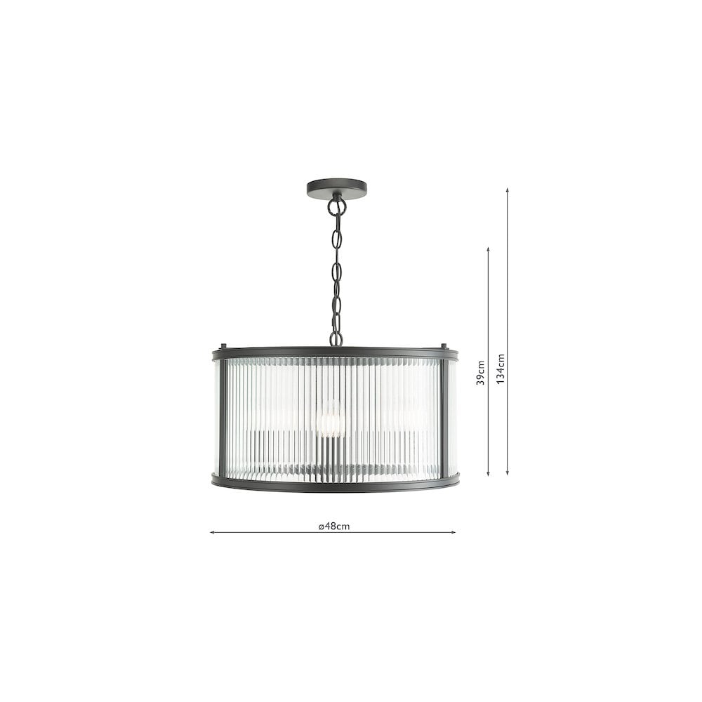 Dar BIA0322 Bianka 3 Light Pendant Matt Black and Ribbed Glass