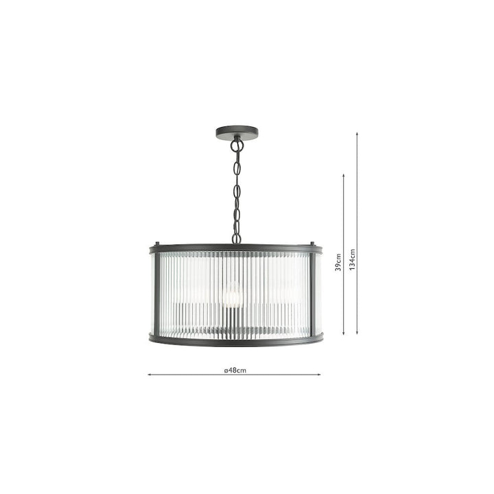 Dar BIA0322 Bianka 3 Light Pendant Matt Black and Ribbed Glass