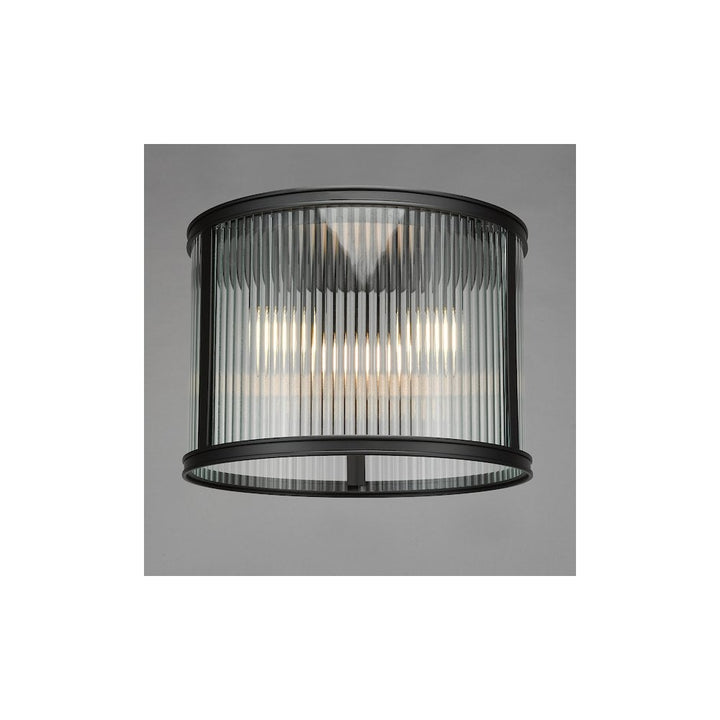 Dar BIA5322 Bianka 3 Light Flush Matt Black and Ribbed Glass