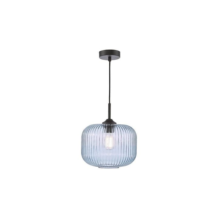 Dar DEM0123 Demarius Pendant Matt Black and Blue Ribbed Glass