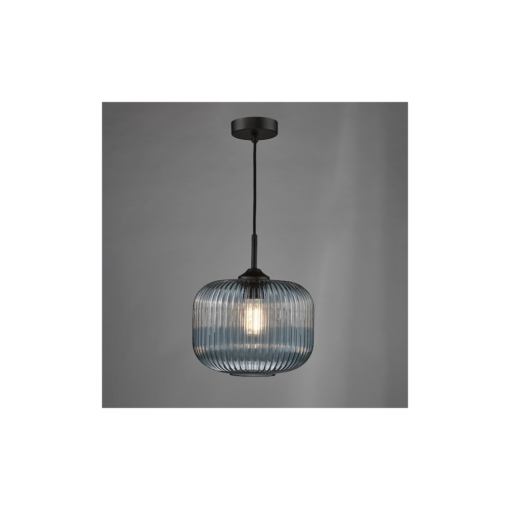 Dar DEM0123 Demarius Pendant Matt Black and Blue Ribbed Glass