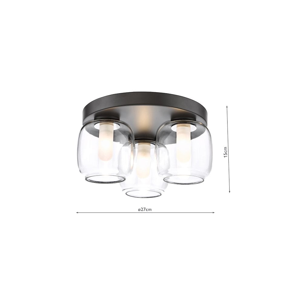 Dar EDA5322 Edaline Bathroom 3 Light Semi-Flush Matt Black and Glass IP44