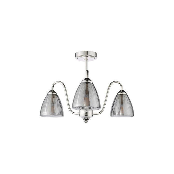 Dar GLY5338 Glynis 3 Light Semi-Flush Polished Nickel and Smoked Ribbed Glass