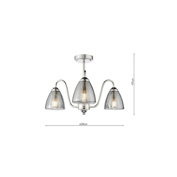 Dar GLY5338 Glynis 3 Light Semi-Flush Polished Nickel and Smoked Ribbed Glass