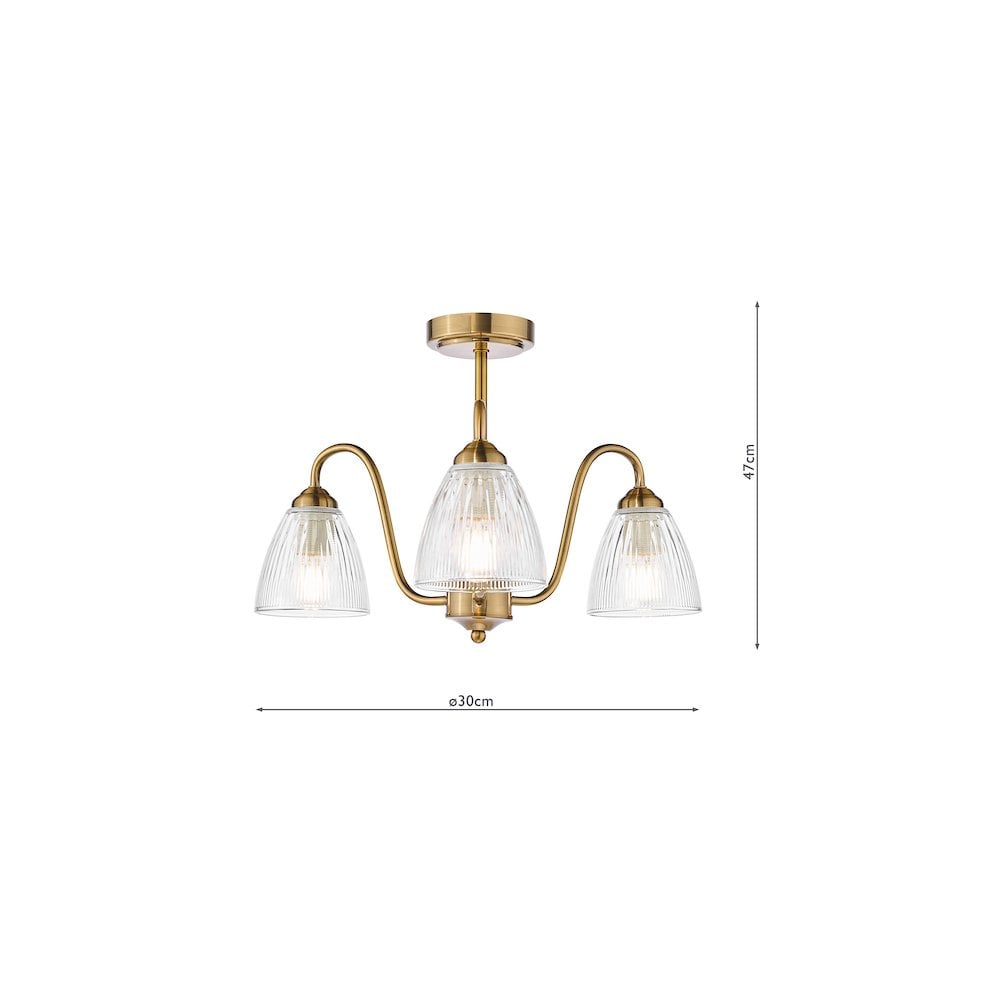 Dar GLY5363 Glynis 3 Light Semi-Flush Antique Bronze and Ribbed Glass