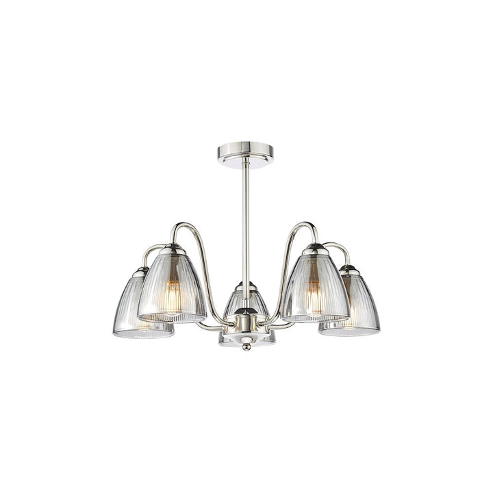 Dar GLY5438 Glynis 5 Light Semi-Flush Polished Nickel and Smoked Ribbed Glass