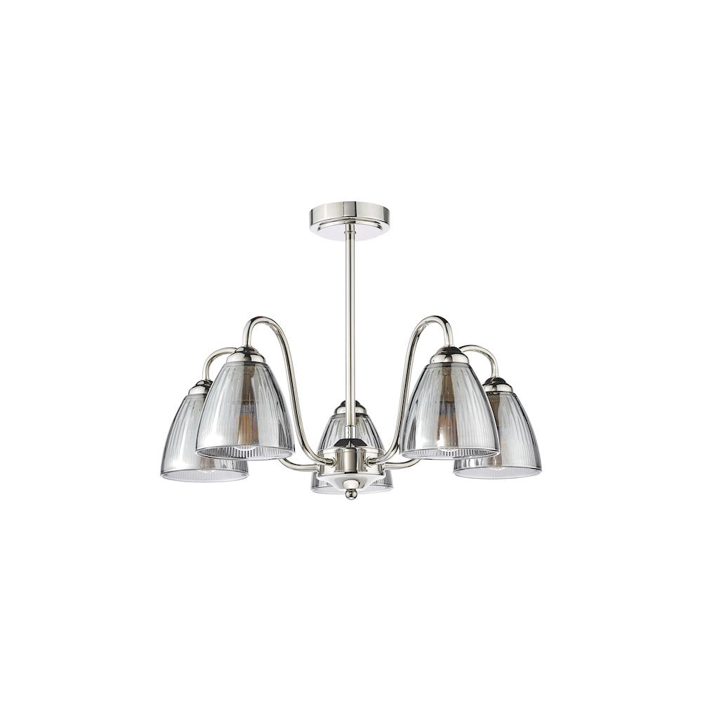 Dar GLY5438 Glynis 5 Light Semi-Flush Polished Nickel and Smoked Ribbed Glass