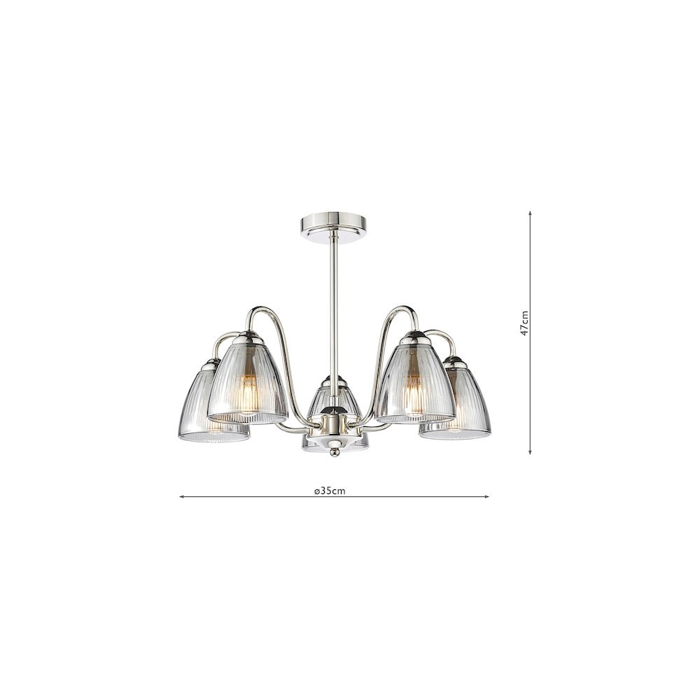 Dar GLY5438 Glynis 5 Light Semi-Flush Polished Nickel and Smoked Ribbed Glass