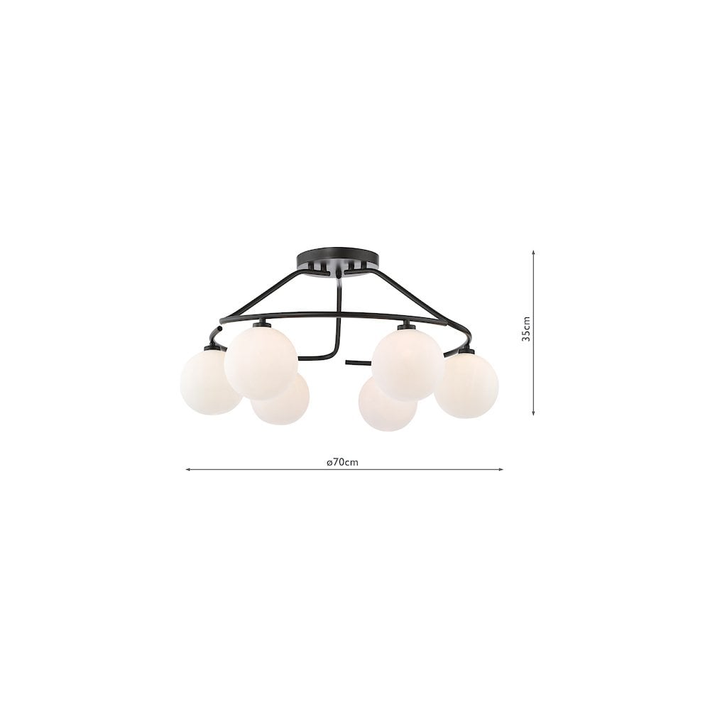 Dar LUA6422 Luana 6 Light Semi-Flush Matt Black and Opal Glass