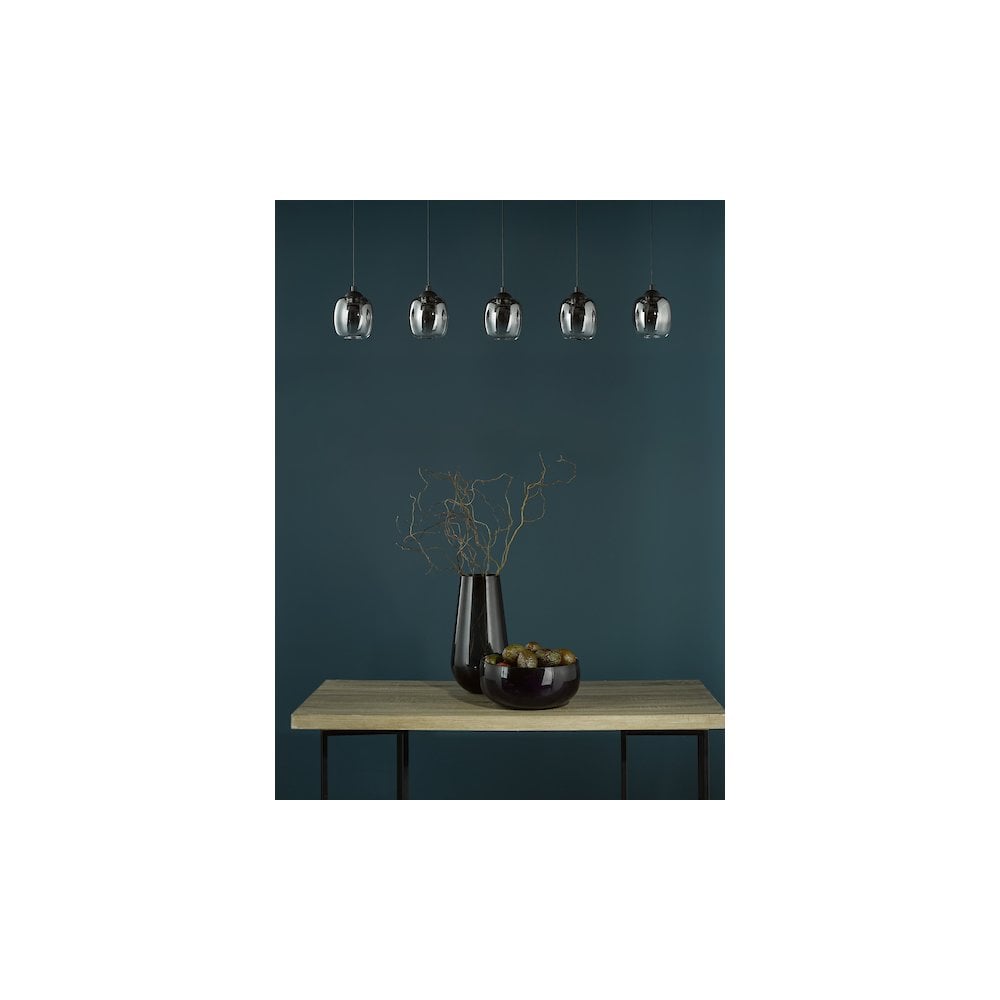 Dar RAM0522 Ramona 5 Light Bar Pendant Matt Black and Smoked Ombre Glass LED