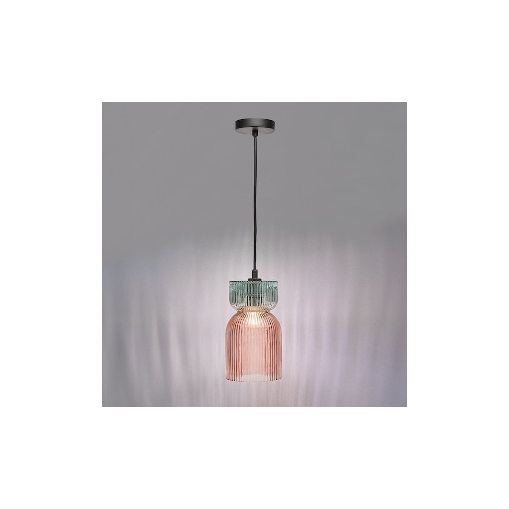 Dar RHU0103 Rhubarb Pendant Pink and Green Ribbed Glass