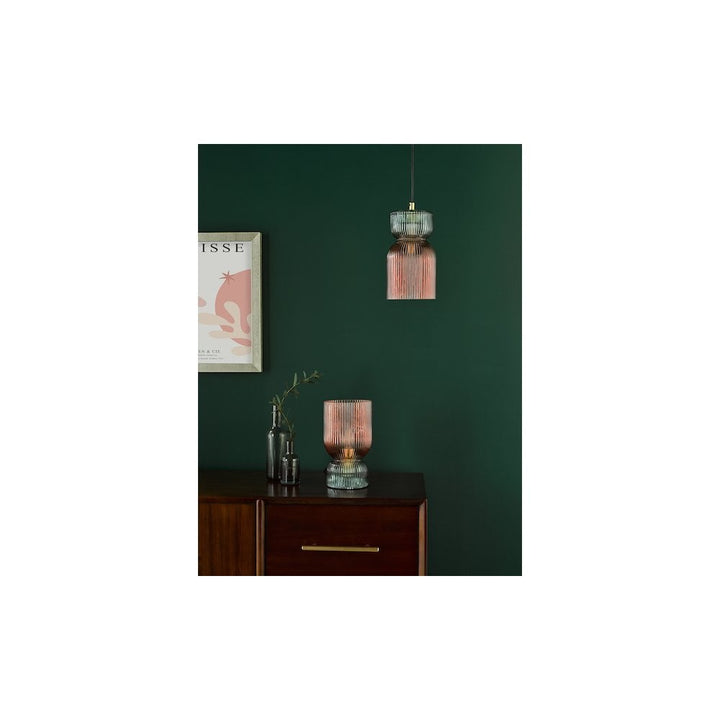 Dar RHU4203 Rhubarb Table Lamp Pink and Green Ribbed Glass