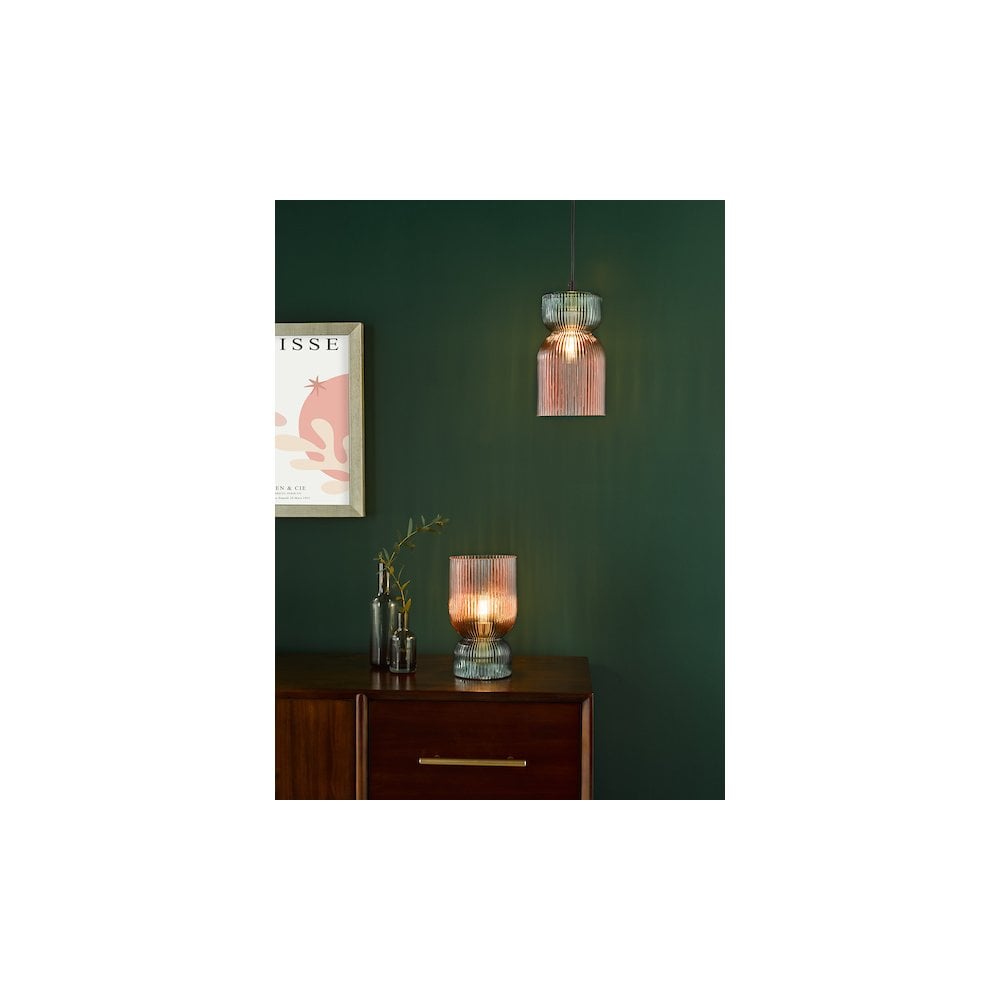 Dar RHU4203 Rhubarb Table Lamp Pink and Green Ribbed Glass