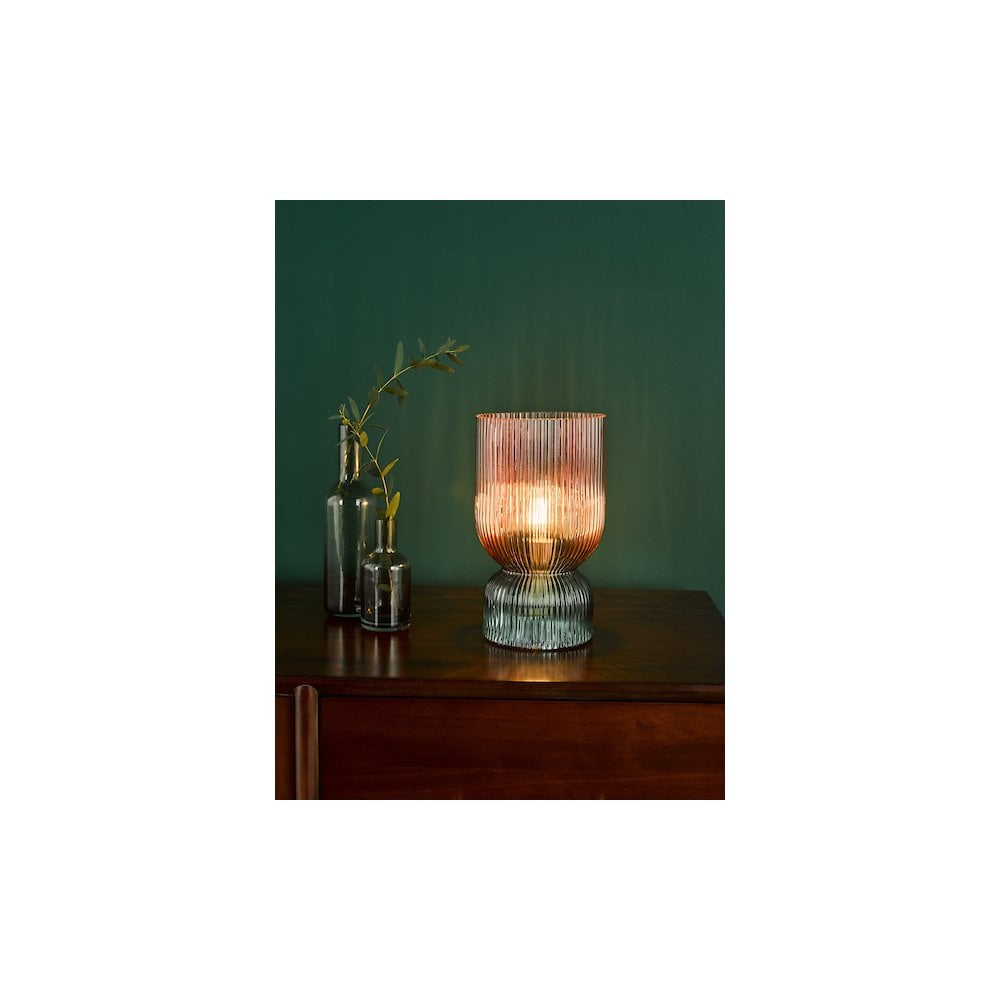 Dar RHU4203 Rhubarb Table Lamp Pink and Green Ribbed Glass