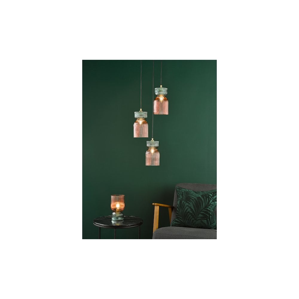 Dar RHU4203 Rhubarb Table Lamp Pink and Green Ribbed Glass