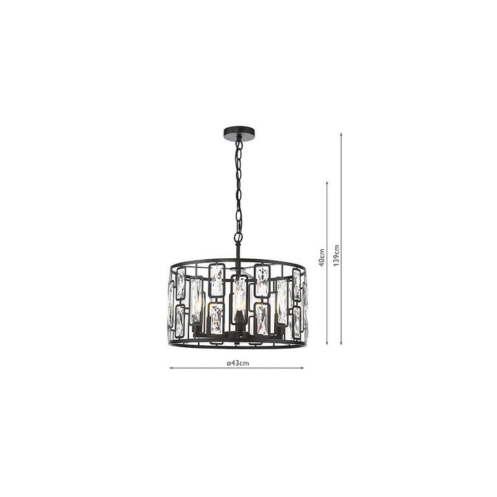 Dar ZOE0522 Zoelle 5 Light Pendant Matt Black and Crystal