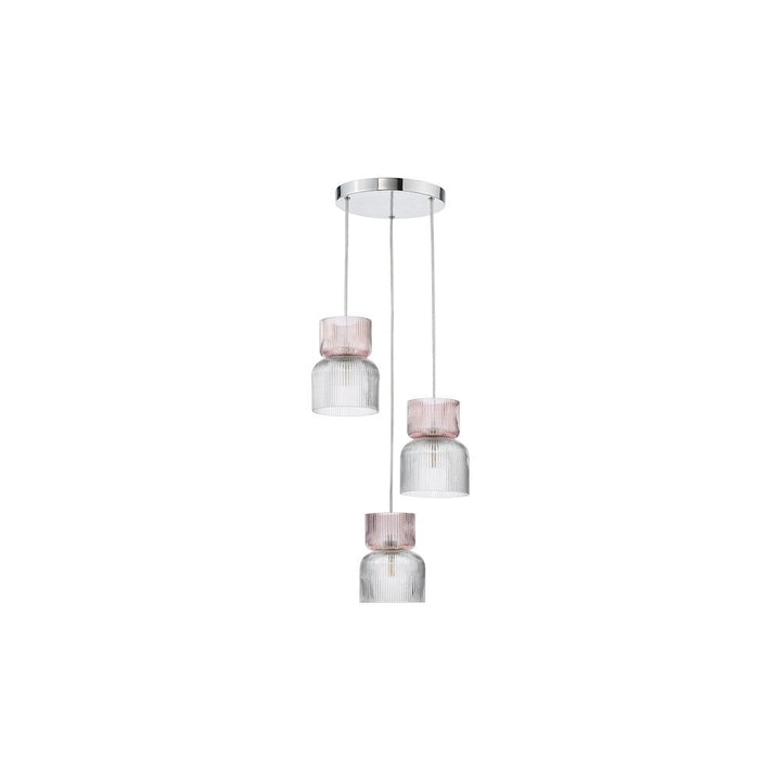 Dar AUB0303 Auberta 3 Light Cluster Pendant Polished Chrome and Pink Ribbed Glass