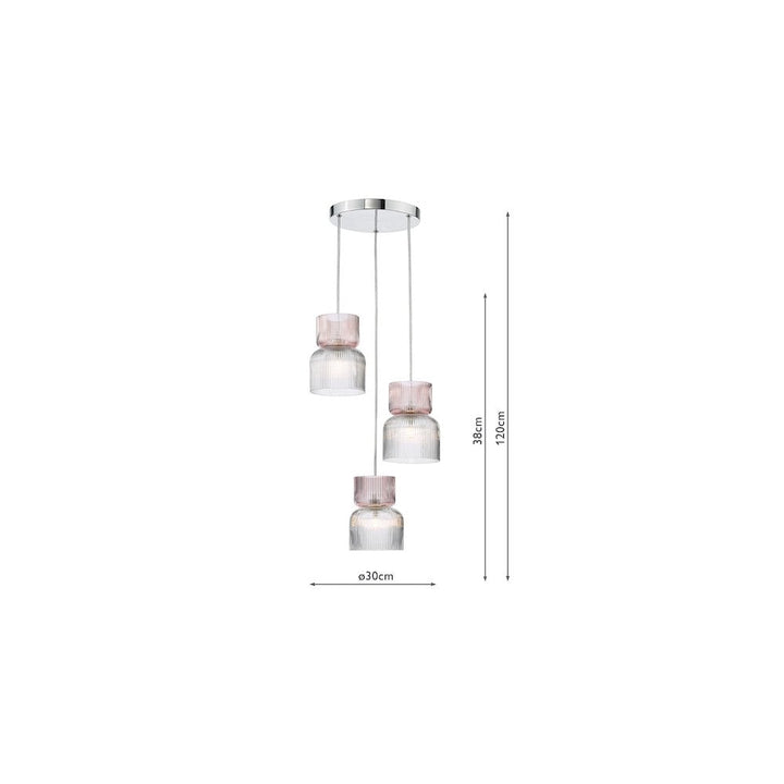 Dar AUB0303 Auberta 3 Light Cluster Pendant Polished Chrome and Pink Ribbed Glass