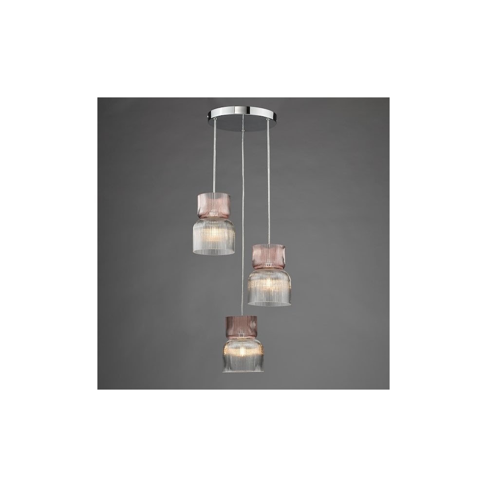 Dar AUB0303 Auberta 3 Light Cluster Pendant Polished Chrome and Pink Ribbed Glass