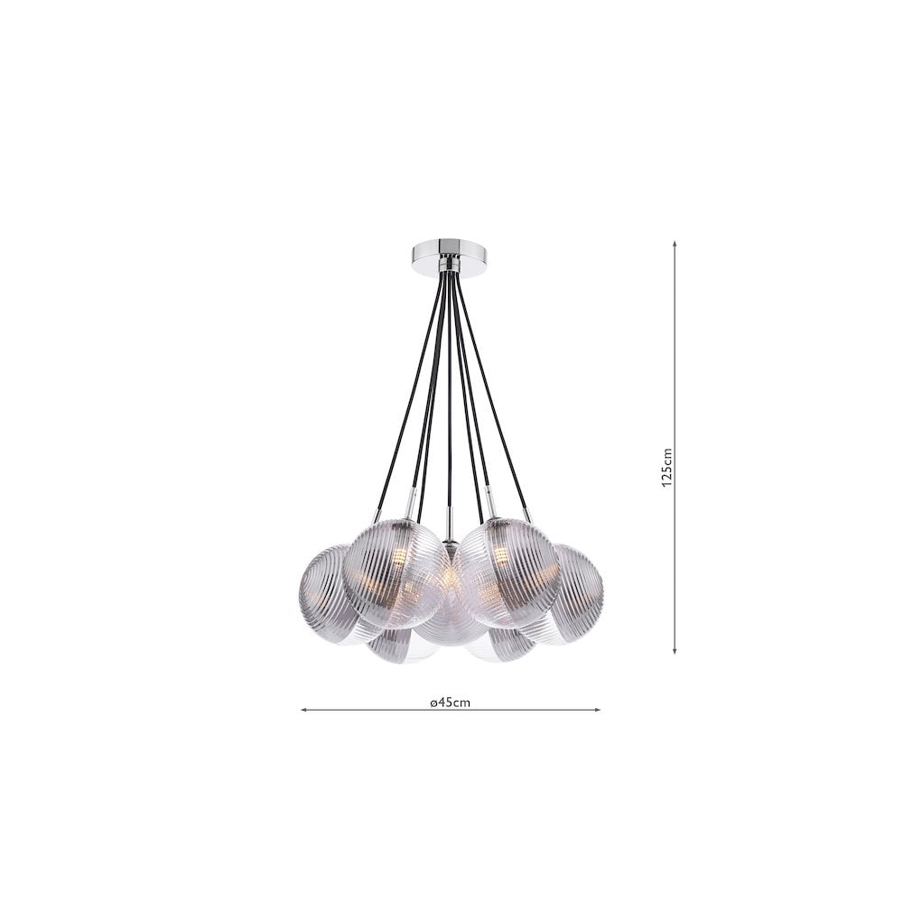 Dar ELP342-19 Elpis 7 Light Cluster Pendant Polished Chrome & Smoked/Clear Ribbed Glass