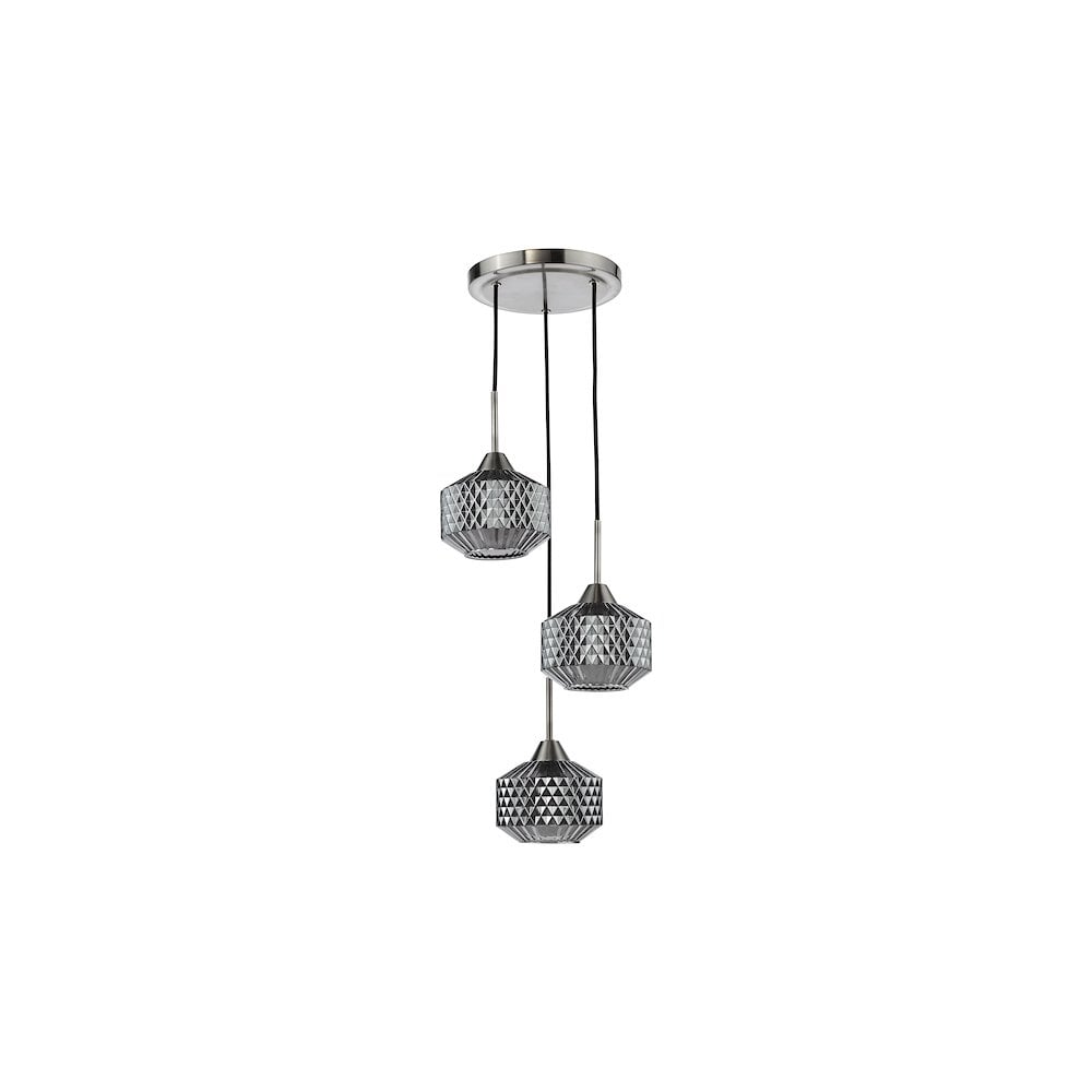 Dar FAB0338 Fabrienne 3 Light Cluster Pendant Satin Nickel and Smoked Glass