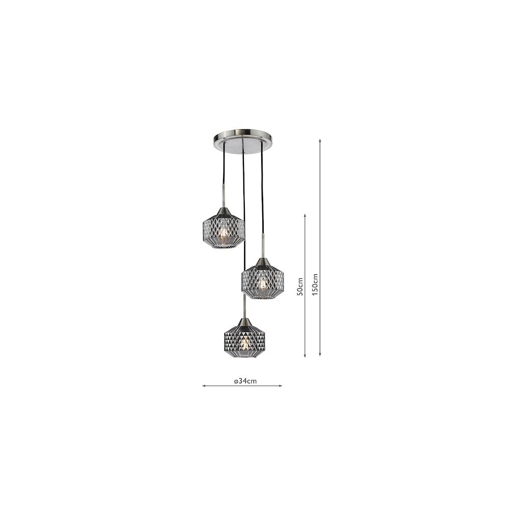 Dar FAB0338 Fabrienne 3 Light Cluster Pendant Satin Nickel and Smoked Glass