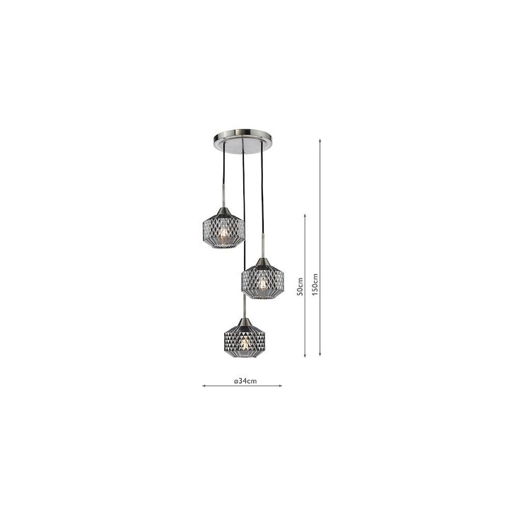 Dar FAB0338 Fabrienne 3 Light Cluster Pendant Satin Nickel and Smoked Glass