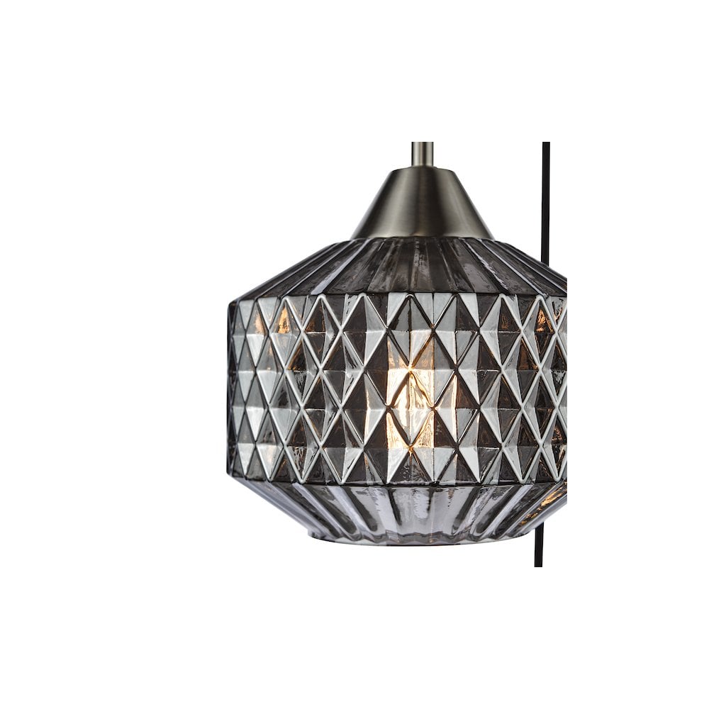 Dar FAB0338 Fabrienne 3 Light Cluster Pendant Satin Nickel and Smoked Glass