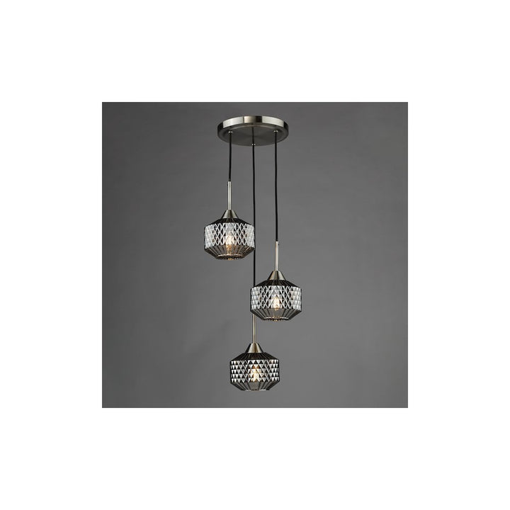 Dar FAB0338 Fabrienne 3 Light Cluster Pendant Satin Nickel and Smoked Glass