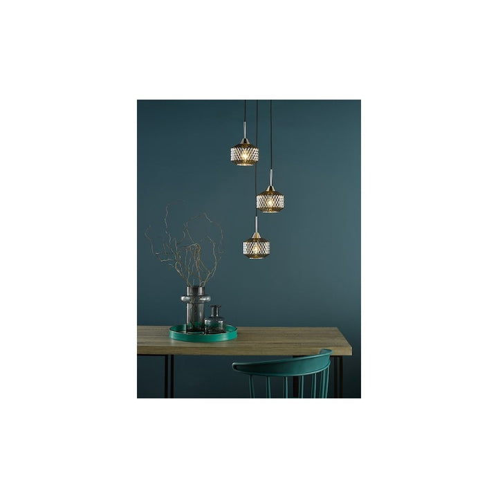 Dar FAB0338 Fabrienne 3 Light Cluster Pendant Satin Nickel and Smoked Glass