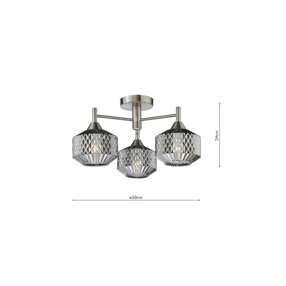 Dar FAB5338 Fabrienne 3 Light Semi-Flush Satin Nickel and Smoked Glass