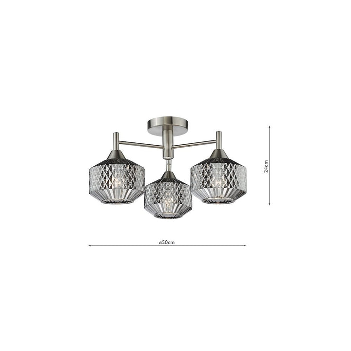 Dar FAB5338 Fabrienne 3 Light Semi-Flush Satin Nickel and Smoked Glass