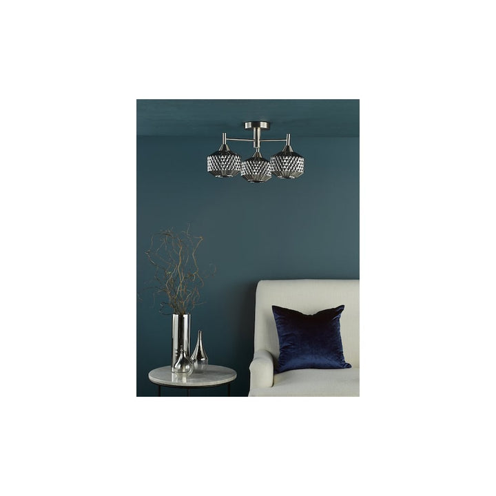 Dar FAB5338 Fabrienne 3 Light Semi-Flush Satin Nickel and Smoked Glass