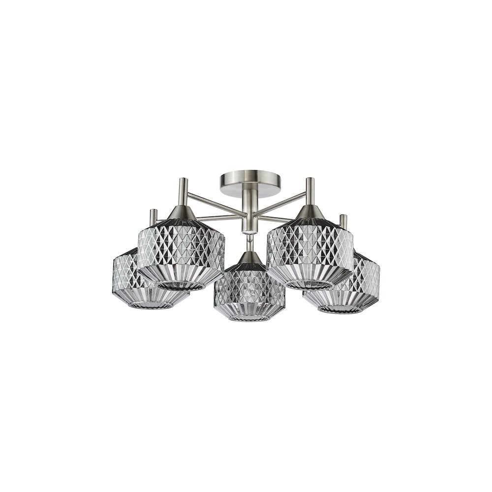 Dar FAB5438 Fabrienne 5 Light Semi-Flush Satin Nickel and Smoked Glass