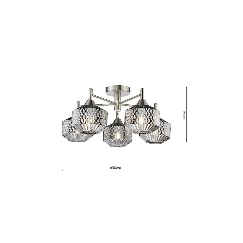 Dar FAB5438 Fabrienne 5 Light Semi-Flush Satin Nickel and Smoked Glass