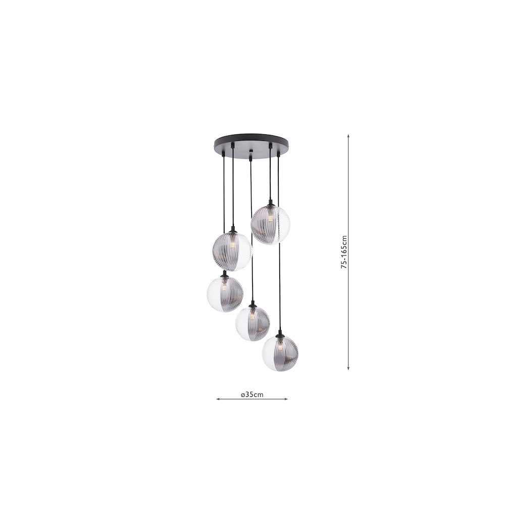 Dar FED0522-19 Federico 5 Light Cluster Pendant Matt Black & Smoked/Clear Ribbed Glass