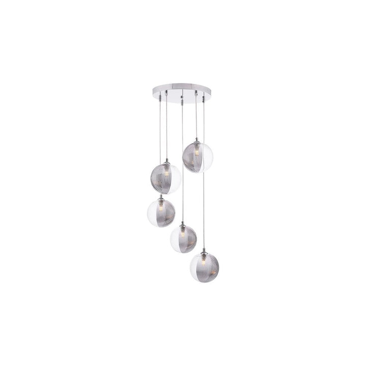 Dar FED0550-19 Federico 5 Light Cluster Pendant Polished Chrome & Smoked/Clear Ribbed Glass