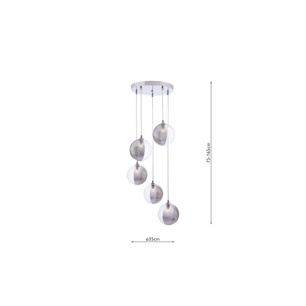 Dar FED0550-19 Federico 5 Light Cluster Pendant Polished Chrome & Smoked/Clear Ribbed Glass