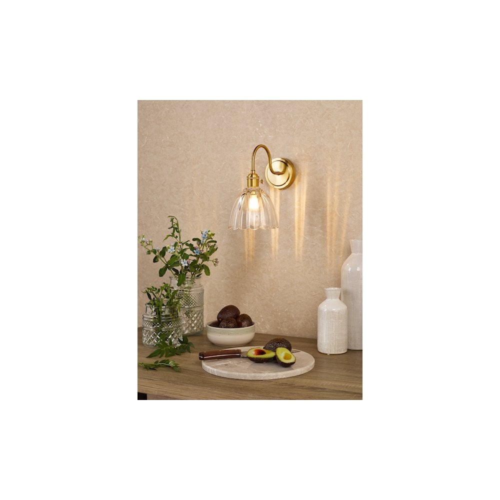 Dar HAD0740-11 Hadano Wall Light Natural Brass and Scalloped Bell Glass