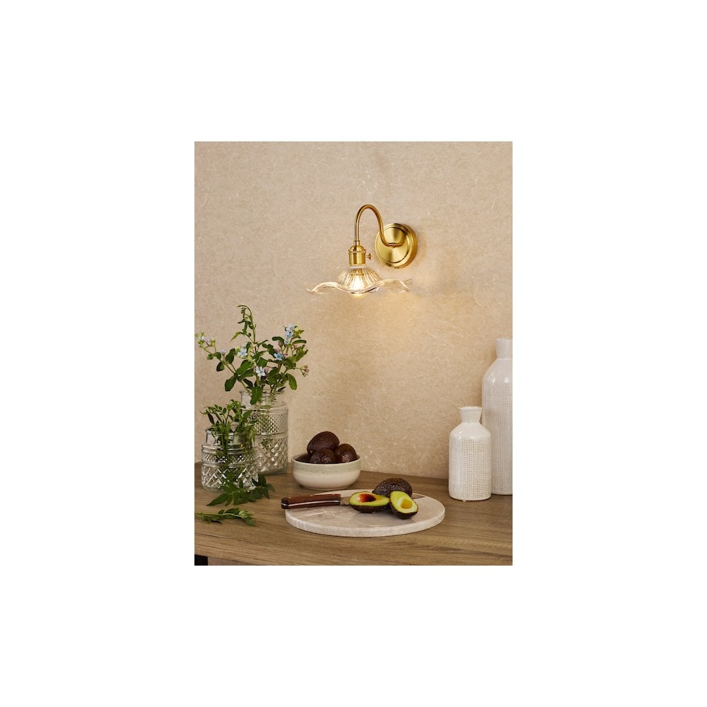 Dar HAD0740-12 Hadano Wall Light Natural Brass and Wavy Glass