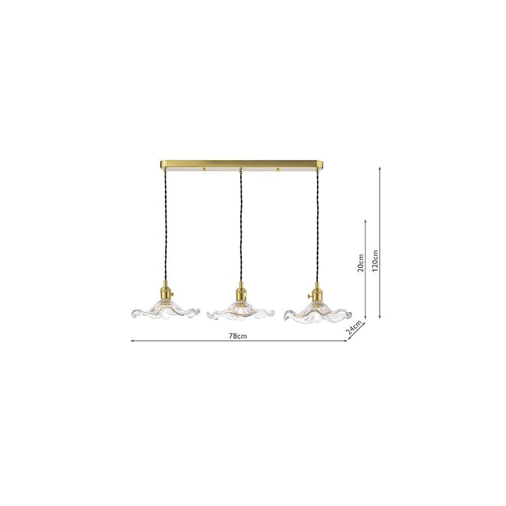 Dar HAD3640-12 Hadano 3 Light Bar Pendant Natural Brass and Wavy Glass