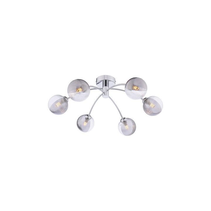 Dar IZZ0650-18 Izzy 6 Light Semi-Flush Polished Chrome & Smoked/Clear Ribbed Glass