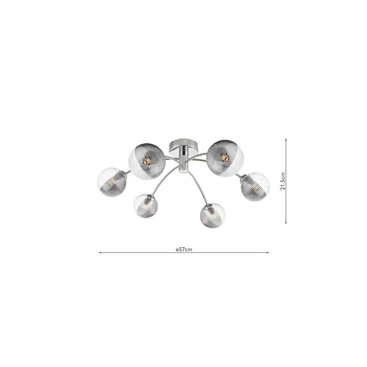 Dar IZZ0650-18 Izzy 6 Light Semi-Flush Polished Chrome & Smoked/Clear Ribbed Glass