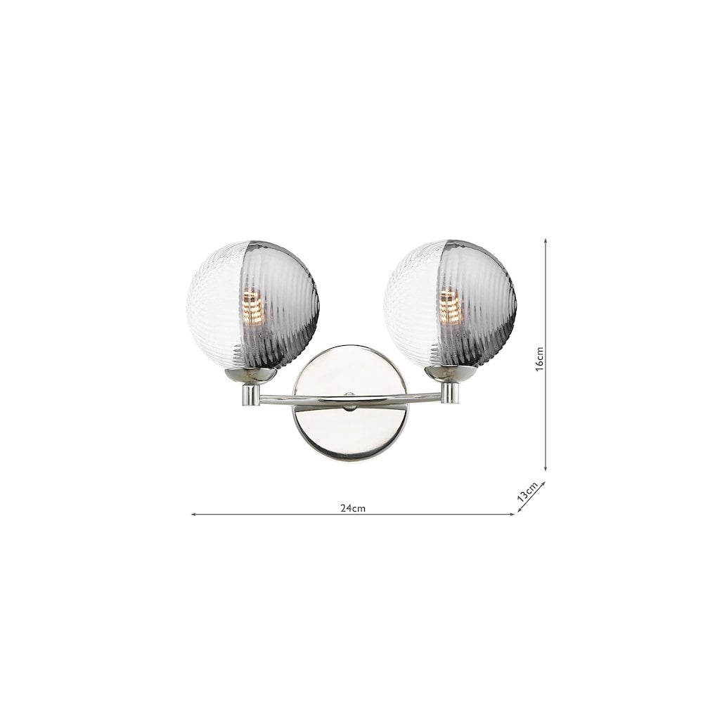 Dar IZZ0950-18 Izzy 2 Light Wall Light Polished Chrome & Smoked/Clear Ribbed Glass