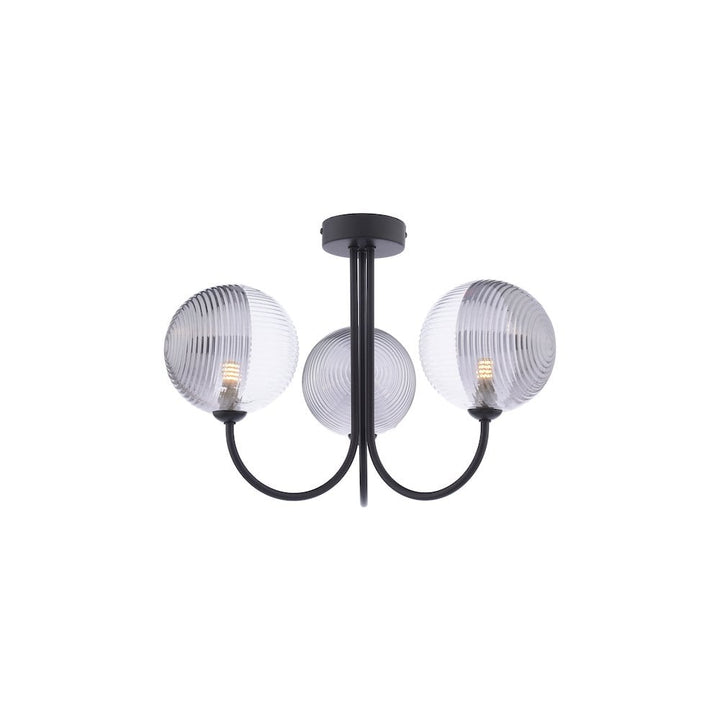 Dar JAR0322-19 Jared 3 Light Semi-Flush Matt Black & Smoked/Clear Ribbed Glass