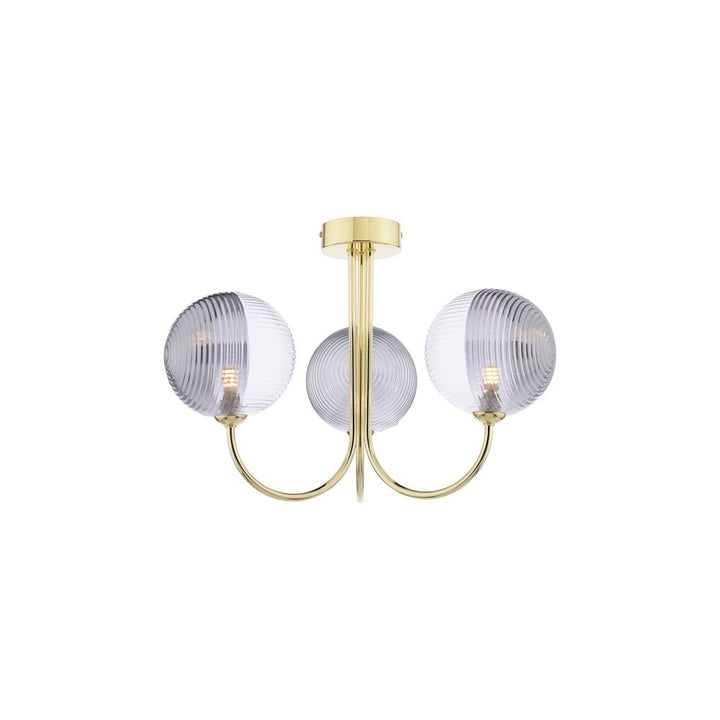 Dar JAR0335-19 Jared 3 Light Semi-Flush Polished Gold & Smoked/Clear Ribbed Glass