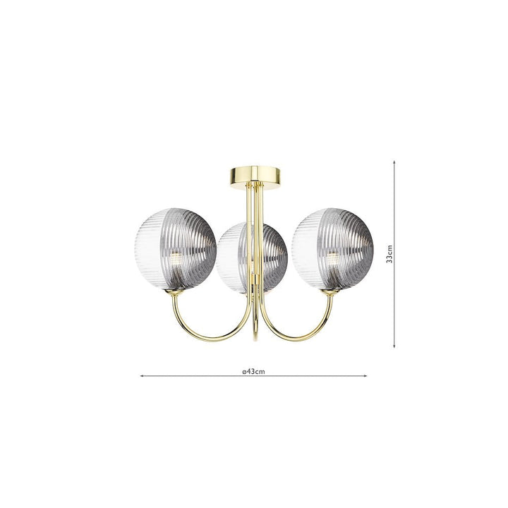 Dar JAR0335-19 Jared 3 Light Semi-Flush Polished Gold & Smoked/Clear Ribbed Glass