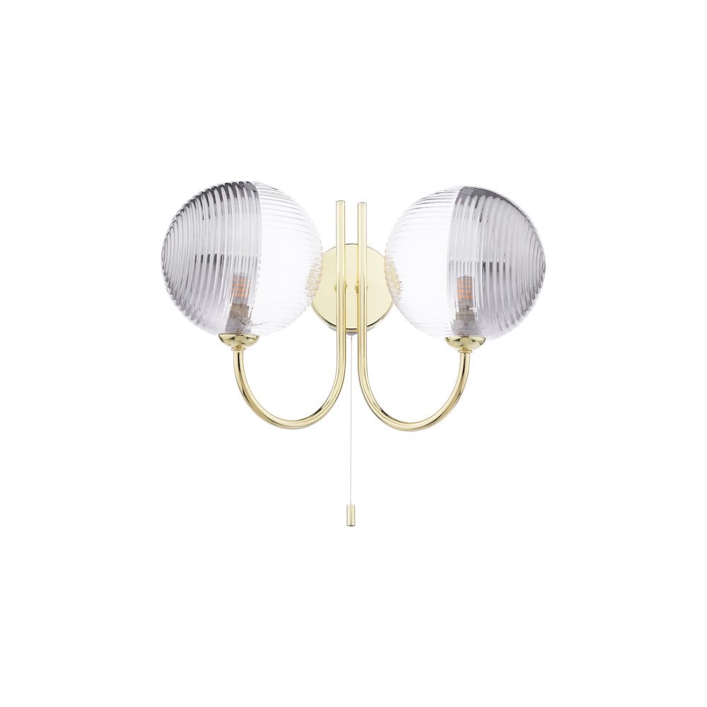 Dar JAR0935-19 Jared 2 Light Wall Light Polished Gold & Smoked/Clear Ribbed Glass