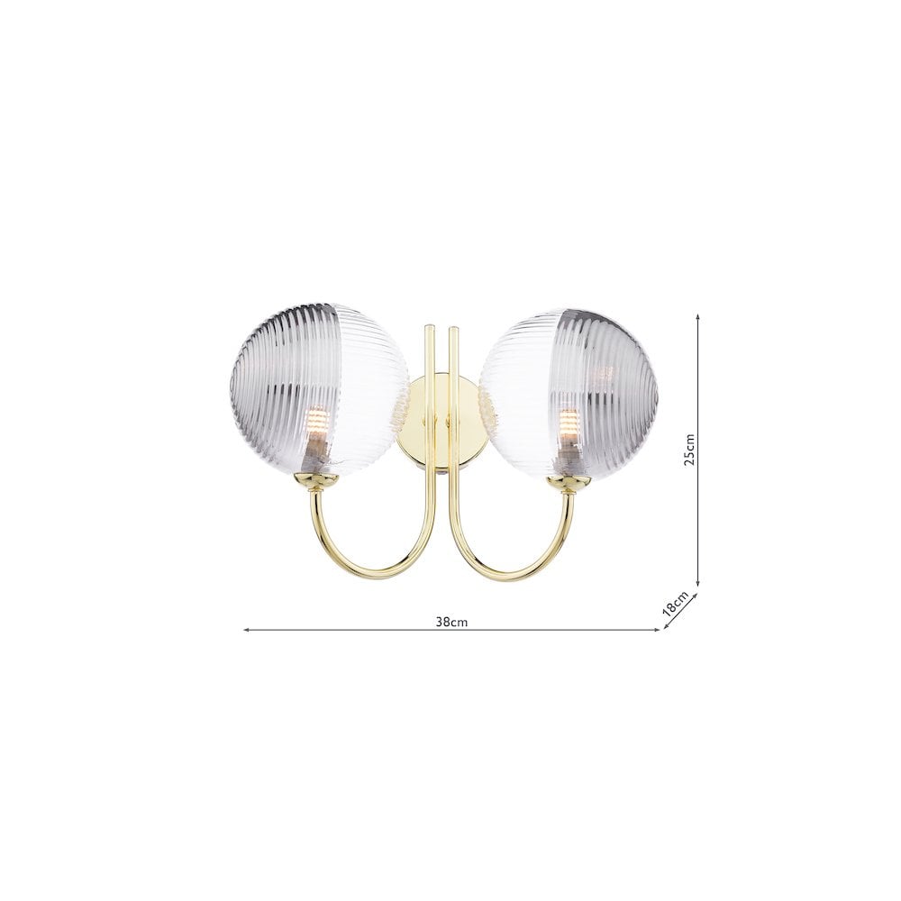 Dar JAR0935-19 Jared 2 Light Wall Light Polished Gold & Smoked/Clear Ribbed Glass