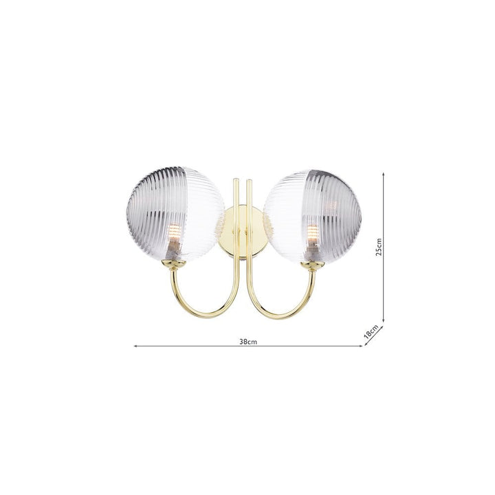 Dar JAR0935-19 Jared 2 Light Wall Light Polished Gold & Smoked/Clear Ribbed Glass